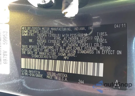 2011 Toyota Sienna Le V6 из США, поврежденный, VIN 5TDKK3DC4BS141937